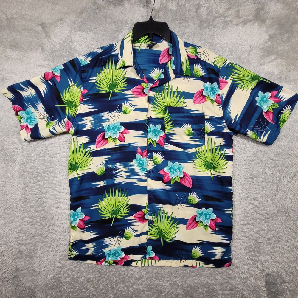 Ocean Blue Hawaiian Shirt Mens Medium Tropical Floral Palm Beach Vacation